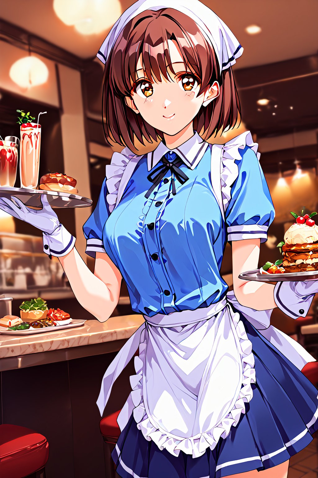 satou nozomi,1girl, solo, smile, apron, blue shirt, blue skirt, frilled apron, frills, gloves, head scarf, shirt, short sleeves, skirt, uniform, waist apron, waitress, white apron, white gloves, food, tray, food tray, indoors, restaurant, looking at viewer, dutch angle,masterpiece, perfect face, best quality, beautiful girl, cute girl, beautiful eyes, shiny eyes, anime coloring, anime screencap, absurdres, award winning, <lora:satou nozomi anyt:0.8>