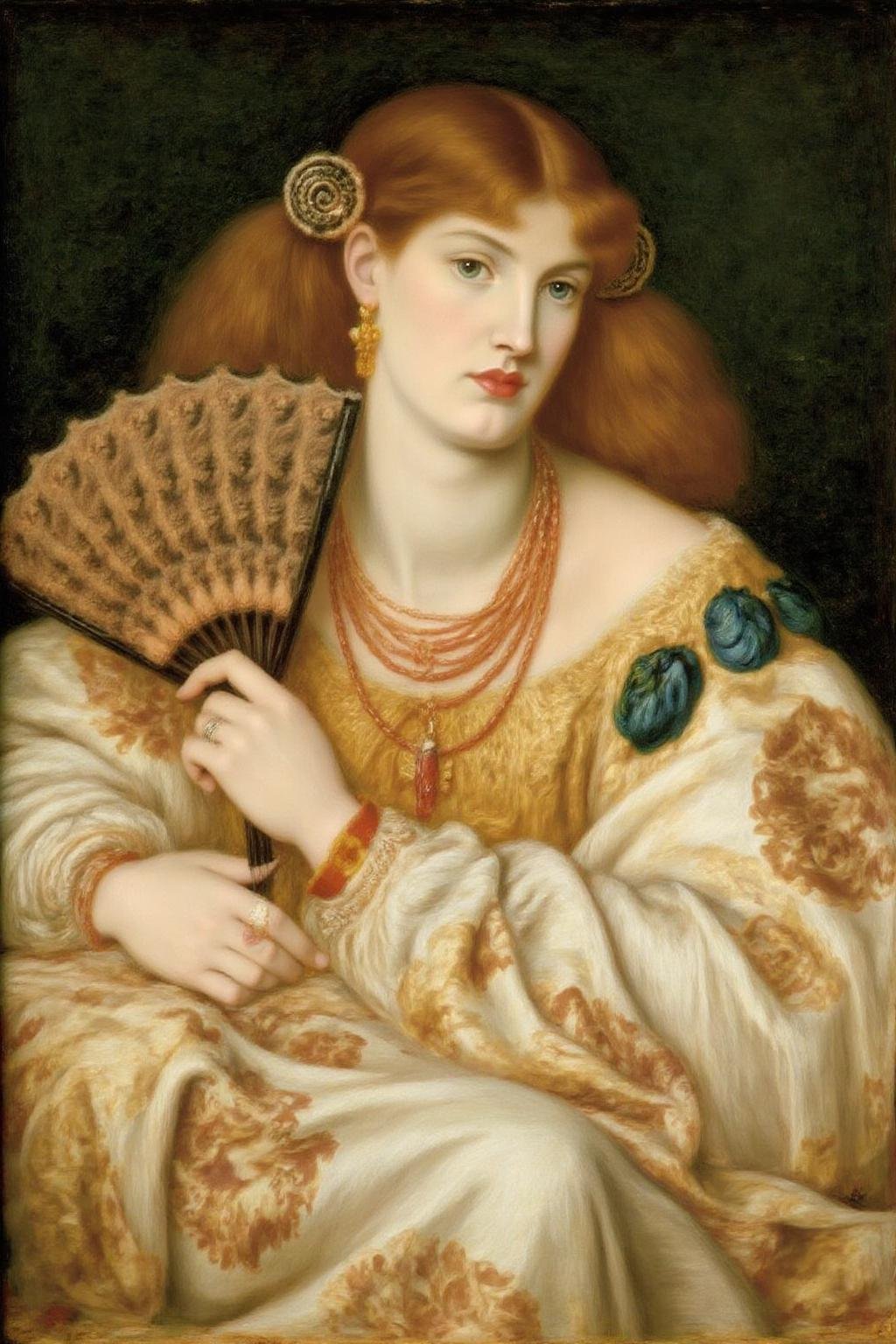 dgr painting.The woman has long,  flowing,  auburn hair adorned with a pair of spiral shell earrings. She wears an elabora...