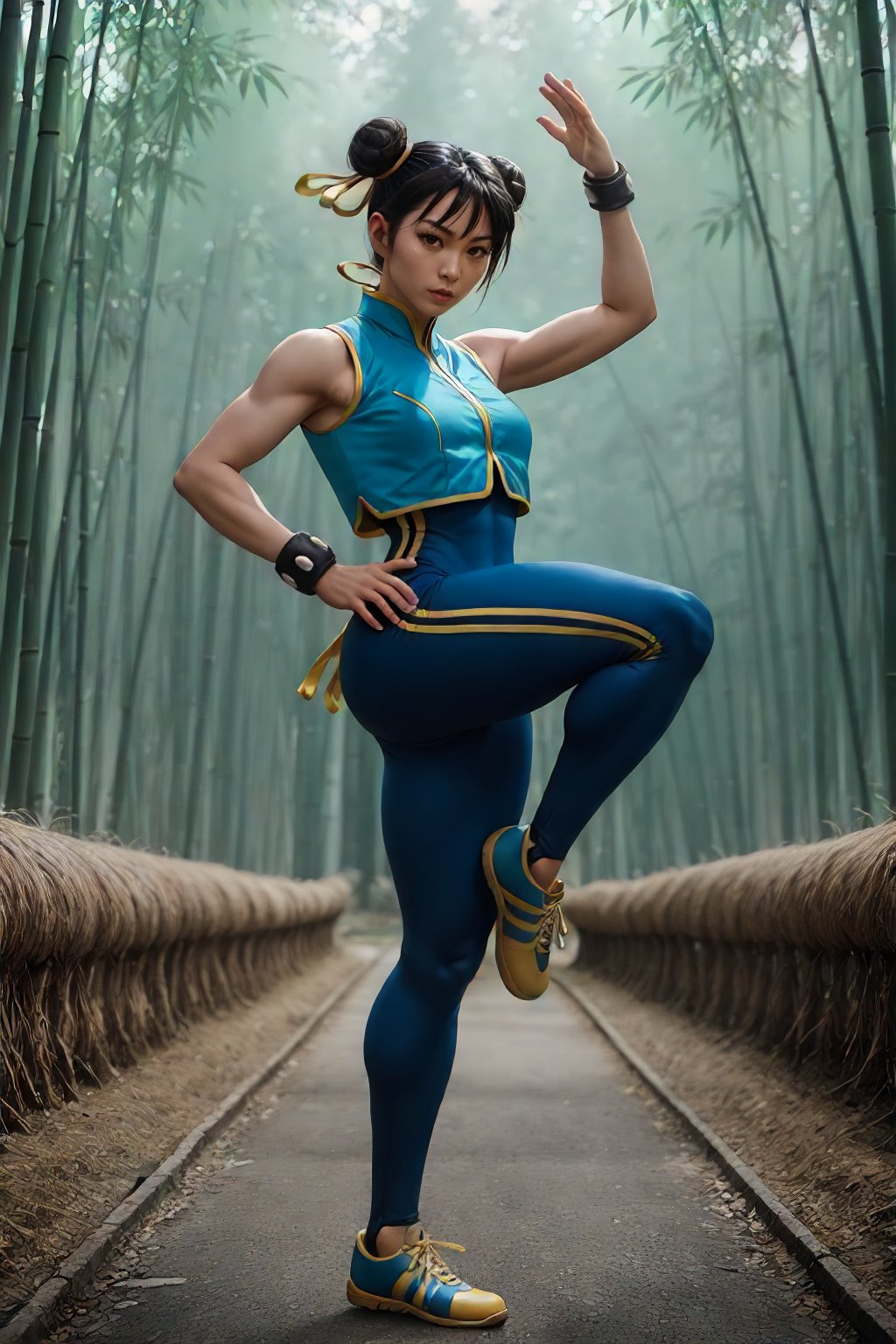 <lora:Alpha_Chunners-DEF:0.7> alphachun, solo, brown eyes, bodysuit, one leg up, sneakers, kung fu pose, side stripes, vest, bracelets, double bun, ribbons, bamboo forest, photorealism, cinematic, perfect, sharp, masterpiece, detailed, high resolution, best quality,