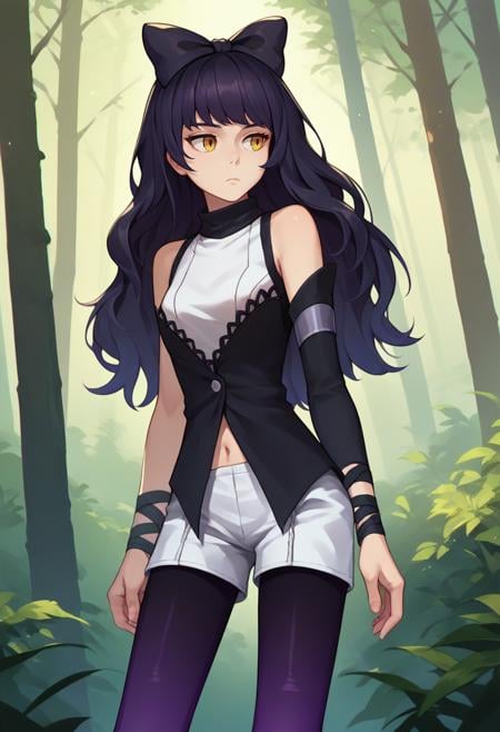 score_9, score_7_up, score_8_up, source_anime, solo, 1girl, blake belladonna, expressionless, looking away, standing, hair bow, black bow, sleeveless shirt, detached sleeves, white shorts, black pantyhose, pantyhose under shorts, bare shoulders, navel, outdoors, forest <lora:rwby_blakebelladonna_ponyXL:1>