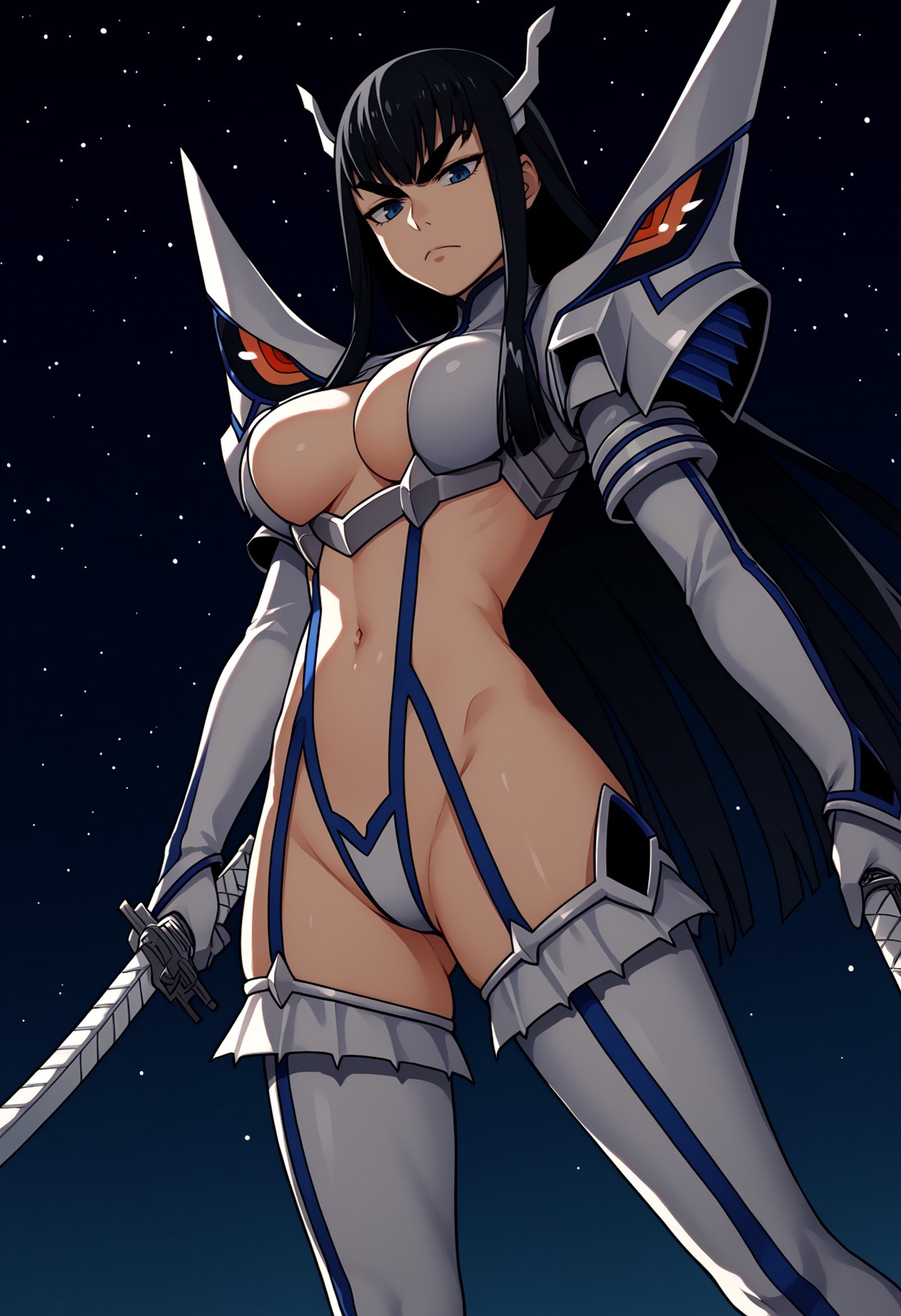 score_9, score_8_up, score_7_up, source_anime BREAK 1girl, looking at viewer, cowboy shot, looking down, <lora:KiryuuinSatsukiDwnsty:1>,  satsuki_armor, black hair, revealing clothes, blue eyes, frilled thighhighs, white gloves, large breasts, narrowed eyes, raised eyebrows, holding weapon, sword, katana, holding,outdooors, starry sky, light particles, night, skyline, from below, dutch angle, abstract background,