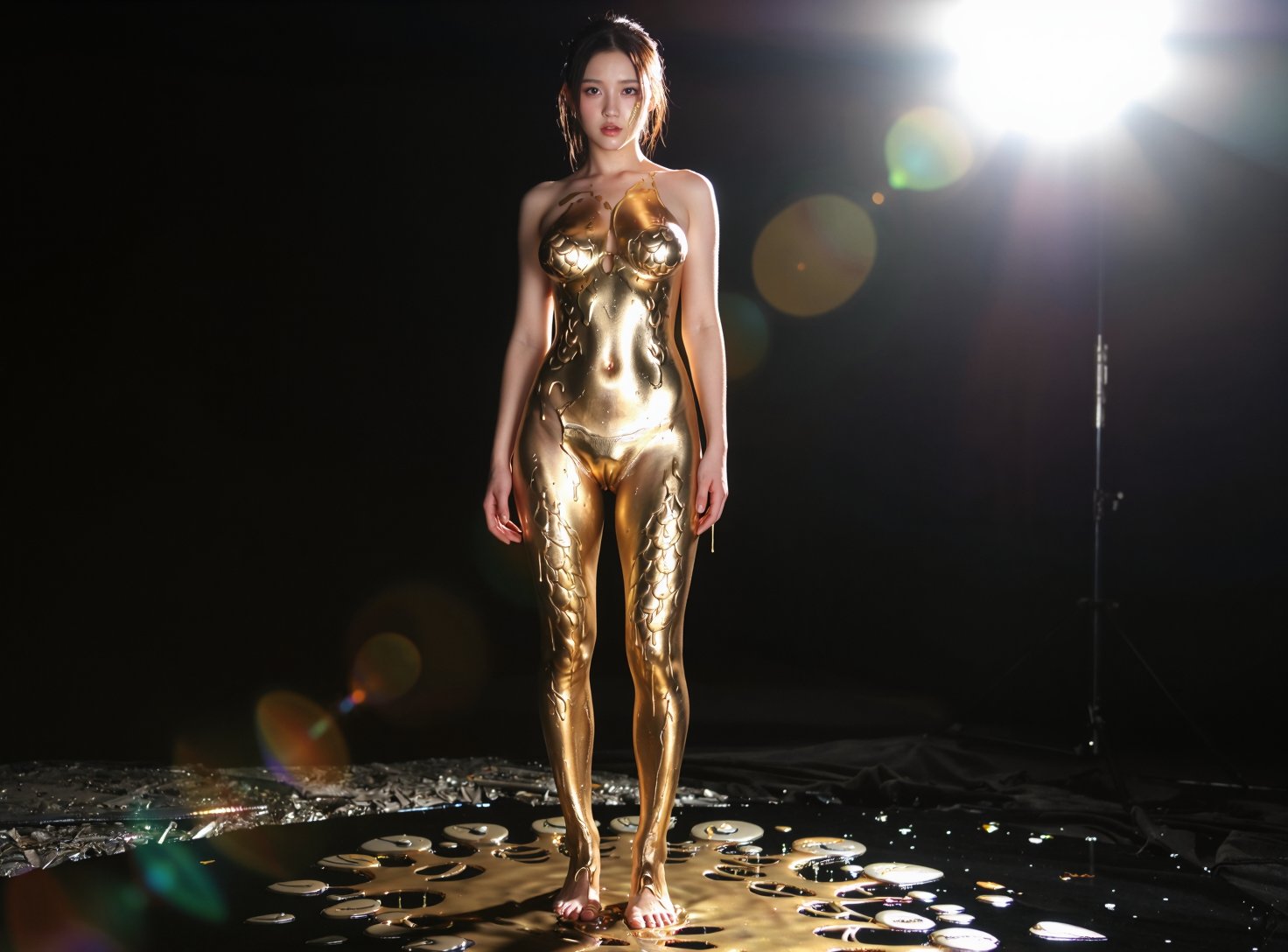 A late-20s woman stands in a dark void,  her body a radiant cascade of metallic gold,  each scale and curve catching the l...