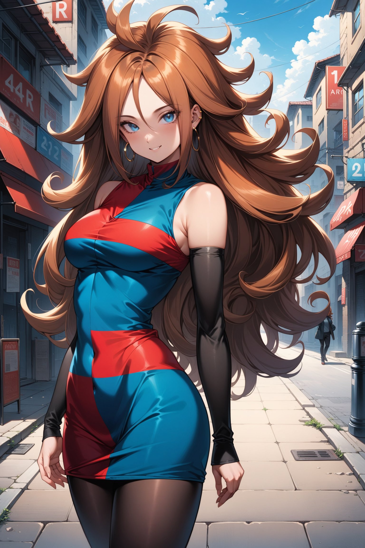 (masterpiece, best quality, very aesthetic, ultra detailed), intricate details, aaandro, brown hair, long hair, curly hair, blue eyes, hoop earrings, two-tone dress, checkered dress, sleeveless, bare shoulders, detached sleeves, black pantyhose, <lora:android_21_XL_v1:0.9>, standing, cowboy shot, outdoors, smile, street