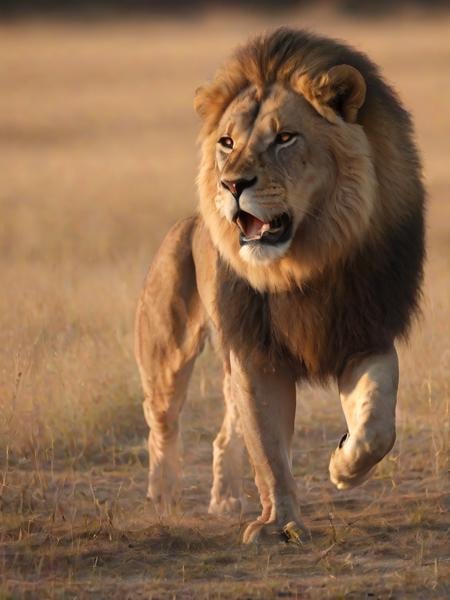 A high-resolution photo of a majestic lion roaring at sunrise on the African savanna, with every detail of its mane catching the golden light, emphasizing the power and wild beauty of nature.