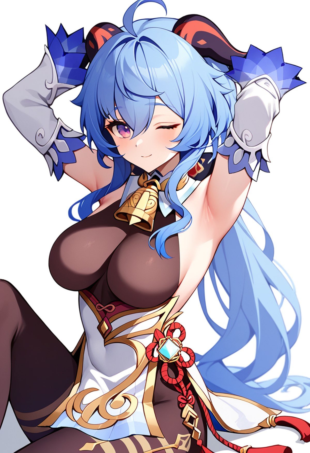 score_9,score_8_up,score_7_up,<lora:genshin_v4:0.8>,1girl, ganyu_\(genshin_impact\), solo, arms_up, sitting, horns, blue_hair, very_long_hair, ahoge, sidelocks, large_breasts, armpits, bare_shoulders, bodystocking, commentary_request, detached_sleeves, gold_trim, hair_between_eyes, high-waist_skirt, looking_at_viewer, neck_bell, one_eye_closed, purple_eyes, simple_background, white_background, white_skirt, white_sleeves