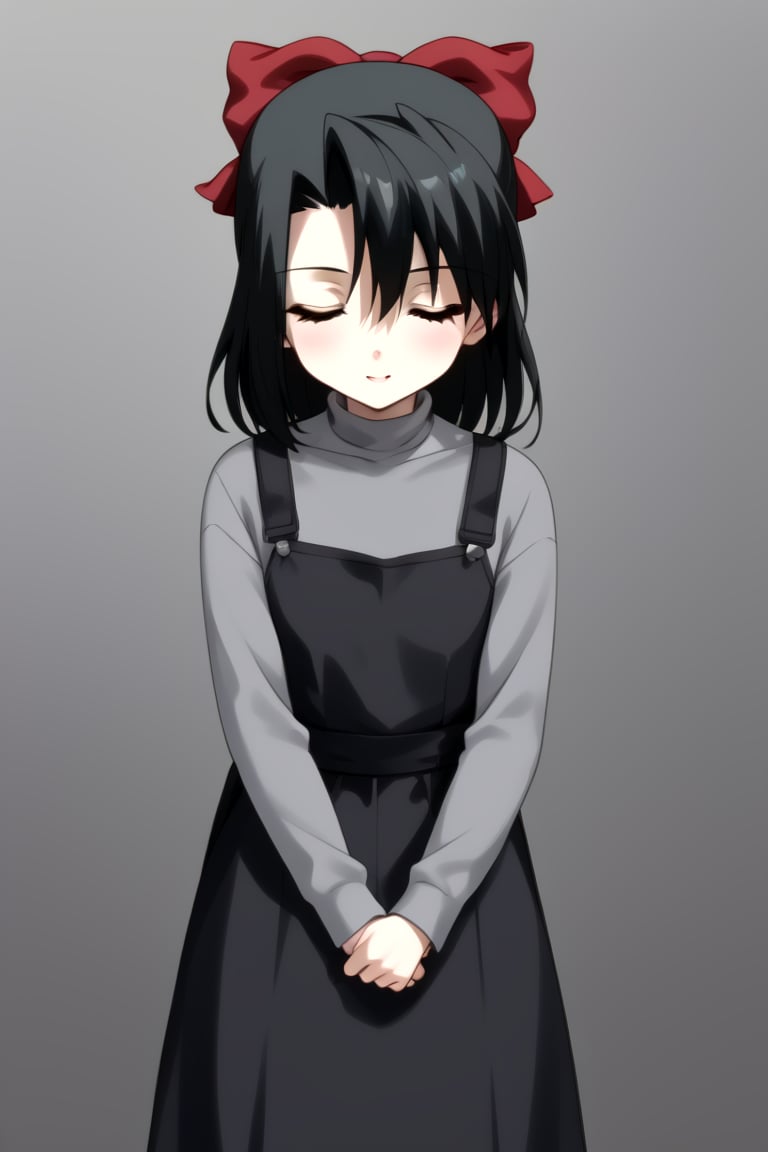 Highly detailed, High Quality, masterpiece, beautiful, 1girl, solo, (feminine focus, young woman, 16 years old), Setsuna Kiyoura, black hair, closed eyes, hair bow, red bow, tiny breasts, BREAK (black pinafore dress), grey t-shirt, grey long sleeves, turtle neck, BREAK front view, full_body, ((far_from_viewer)), standing, Focus waist<lora:EMS-440496-EMS:1.000000>