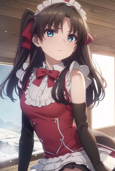 rintohsaka, <lora:rin tohsaka prisma s2s3-lora-nochekaiser:1>,rin tohsaka, long hair, black hair, two side up, aqua eyes, bow, hair bow,BREAK thighhighs, dress, frills, black thighhighs, zettai ryouiki, long sleeves, maid, maid headdress, red dress,BREAK outdoors, snow,BREAK looking at viewer, (cowboy shot:1.5), dynamic pose,BREAK <lyco:GoodHands-beta2:1>, (masterpiece:1.2), best quality, high resolution, unity 8k wallpaper, (illustration:0.8), (beautiful detailed eyes:1.6), extremely detailed face, perfect lighting, extremely detailed CG, (perfect hands, perfect anatomy),