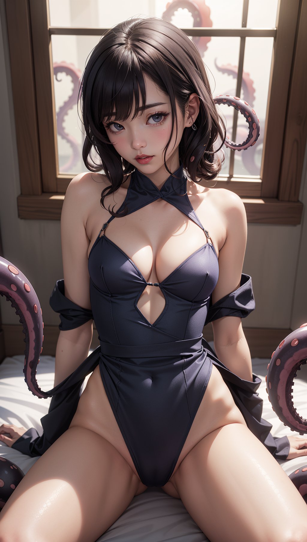 masterpiece,best quality,Ray tracing,hdr,volumetric lighting,cleavage,sexy,1girl,arima kana,oshi no ko,small breasts,(tentacles:1.2),wrap around body,spread legs,suspension by tentacles,costume,indoors,camaltoe,