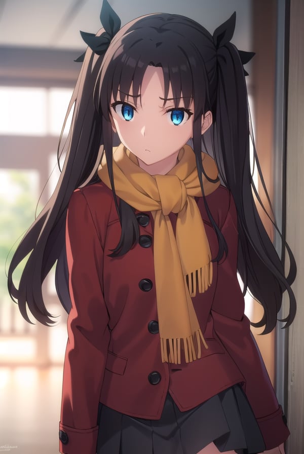 rintohsaka, <lora:rin tohsaka ubw-lora-nochekaiser:1>, rin tohsaka, aqua eyes, (black hair:1.2), hair ribbon, long hair, ribbon, sidelocks, two side up, (parted bangs:1.5),BREAK skirt, thighhighs, long sleeves, pleated skirt, black thighhighs, black skirt, scarf, zettai ryouiki, coat, (red coat:1.2), orange scarf,BREAK indoors, classroom,BREAK looking at viewer, (cowboy shot:1.5)BREAK <lyco:GoodHands-beta2:1>, (masterpiece:1.2), best quality, high resolution, unity 8k wallpaper, (illustration:0.8), (beautiful detailed eyes:1.6), extremely detailed face, perfect lighting, extremely detailed CG, (perfect hands, perfect anatomy),