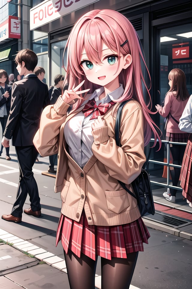 insanely detailed, absurdres, ultra-highres, ultra-detailed, best quality,1girl, solo, nice hands, perfect handsBREAK(School Uniforms:1.2), (pink cardigan is fit body:1.4), ((do up a buttons, not loose):1.5), ((long sleeve, sleeves past wrists):1.2), (inner wear is white collared-shirt:1.3), (red plaid-pattern bow:1.3), (red plaid-pattern pleated skirt:1.3), ((dark-brown pantyhose, loafers):1.2), (nsfw:-1.5)BREAKhappy smile, laugh, open mouthBREAK,standing, cowboy shot, looking at viewerBREAKslender, kawaii, perfect symmetrical face, ultra cute girl, ultra cute face, ultra detailed eyes, ultra detailed hair, ultra cute, ultra beautifulBREAKshibuya, akihabara, tokyo, street, crowd, cityscape, depth of field, ultra detailed backgroundBREAKmedium breastsBREAKred hair, green eyes, long hair, hair between eyes