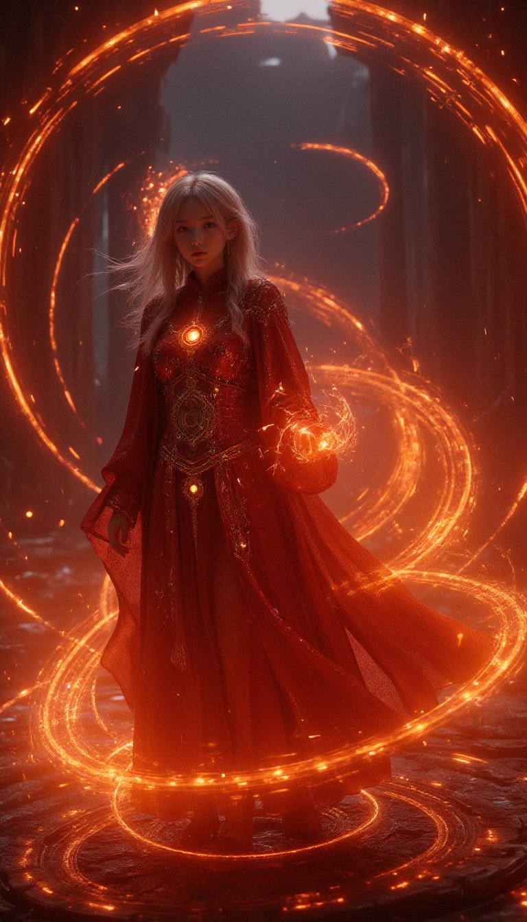 <lora:FL-bailing-24-0831magic array-000009:0.8>,bailing_magic_circle,The girl was surrounded by magic arrays,A cinematic shot of a sorceress in a richly detailed gold and red wizard robe, standing on an ancient, carved stone platform. Her fiery red aura contrasts with the intricate fire magic she controls through a glowing red spell circle in her hand. The hyper-detailed scene shows her elegant braided hair flickering in the wind, as the red magic array reflects fiercely on her perfect face. Her eyes glow with passion as she summons a massive fire elemental, its flames swirling with life, casting shadows across the magical landscape. Spell circles and reflective light from the array beneath her create a vivid display of power. The hyper-detailed rendering, filled with a mix of fiery hues and rich textures, captures the high fantasy atmosphere, making the viewer feel the heat of the moment.