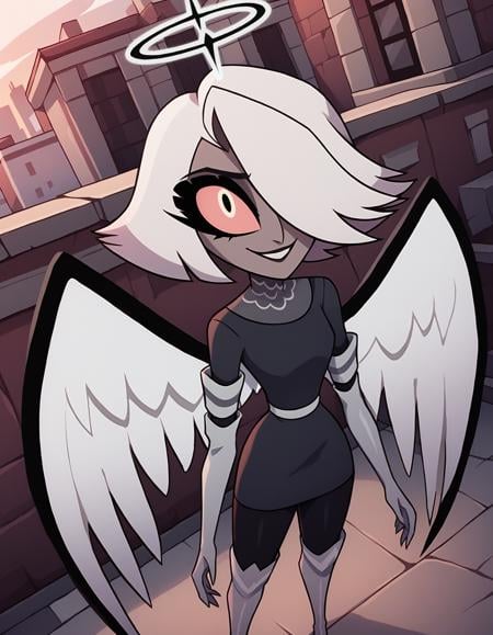 score_9, score_8_up, score_7_up, angel, angel wings, halo, white hair, short hair, colored sclera, hair over one eye, dress, thigh boots, elbow gloves,outdoors, wall, building, dark background, 1girl, looking at viewer, standing, posing, smile, from above, dutch angle, xvaggiex <lora:vaggie-hazbin:1>