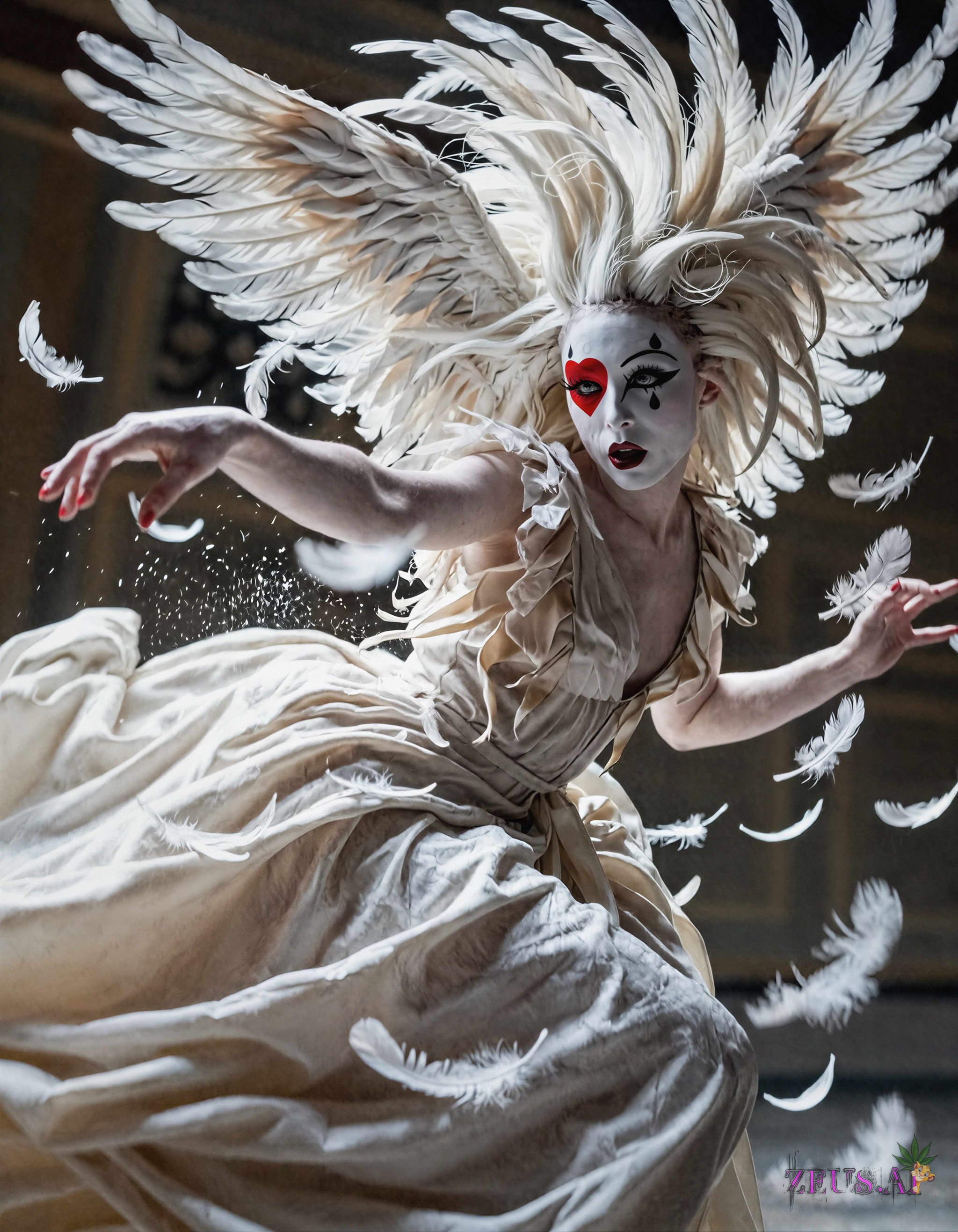 avant-garde celestial mime character in motion,  full body,  dynamic pose with flowing feathered couture swirling around b...