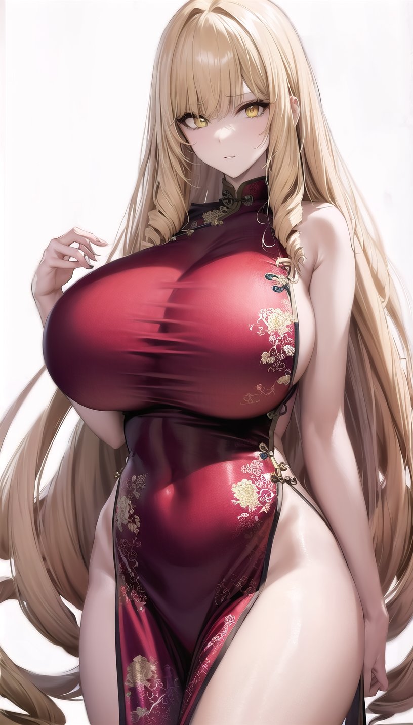 roseoriana-hairstyle,drill hair,yellow eyes,blonde hair, (china dress:1.28), lady,mature female,cowboy shot,(white background, simple background:1.08),highres,official art,original,masterpiece,best quality,(huge breasts),<lora:rose oriana2:0.8>