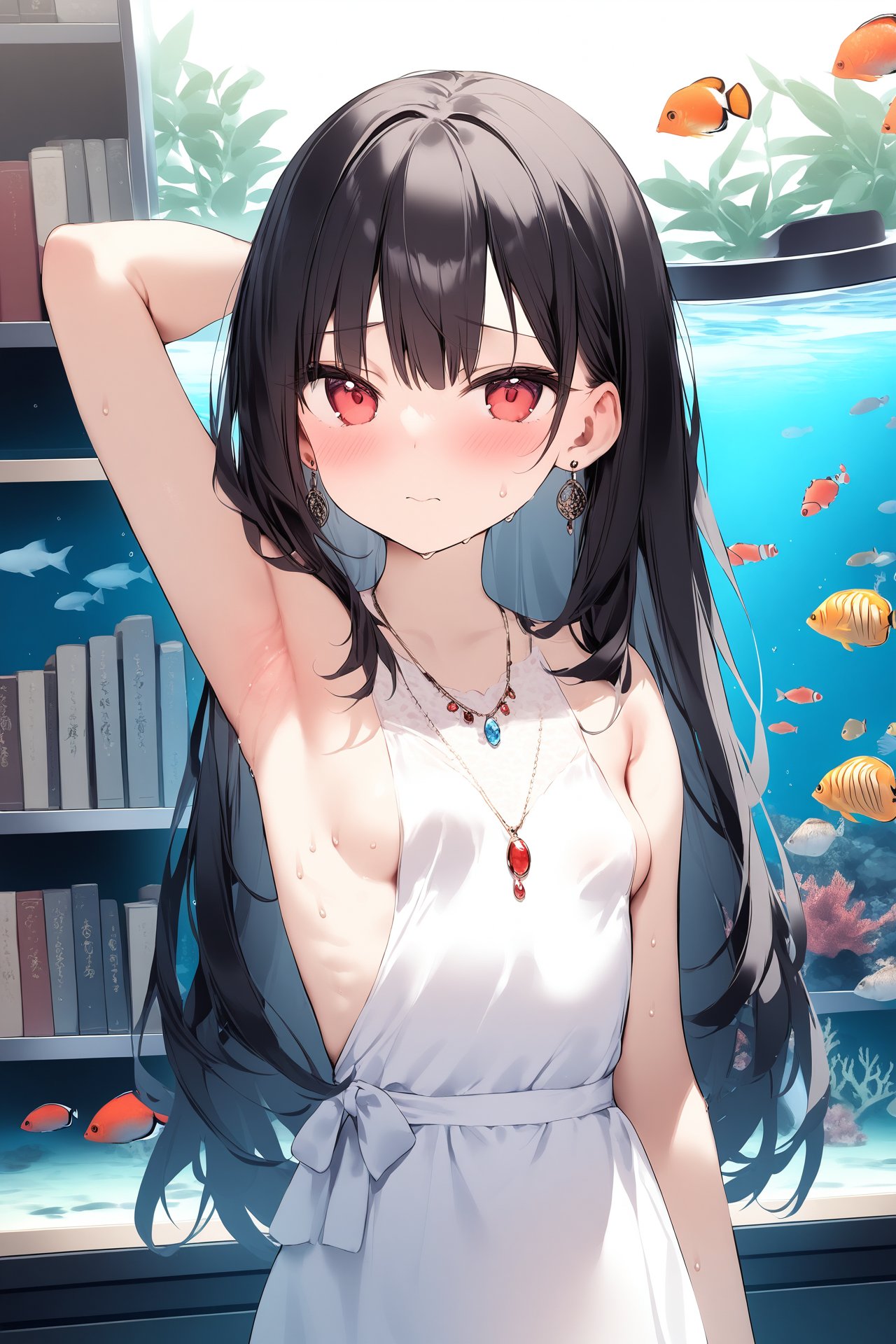 masterpiece,best quality,high quality,(colorful),loli,1girl, breasts, black hair, solo, armpits, long hair, arm up, jewelry, looking at viewer, earrings, blush, small breasts, book, red eyes, fish, indoors, closed mouth, aquarium, sideboob, sweat, upper body, tropical fish, white dress, necklace, bookshelf