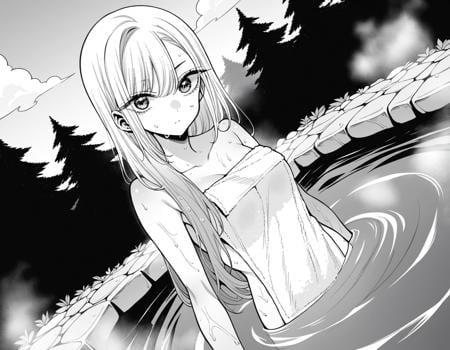 score_9, score_8_up, score_7_up, source_anime,marinkitagawa, <lora:marin-kitagawa-manga-ponyxl-lora-nochekaiser:1>,marin kitagawa, long hair, bangs, monochrome, greyscale,nude, naked, outdoors, onsen, towel, naked towel, steam, bathing, nude cover, partially submerged, water, bath, steam censor, wet towel,looking at viewer, cowboy shot, dutch angle, solo,