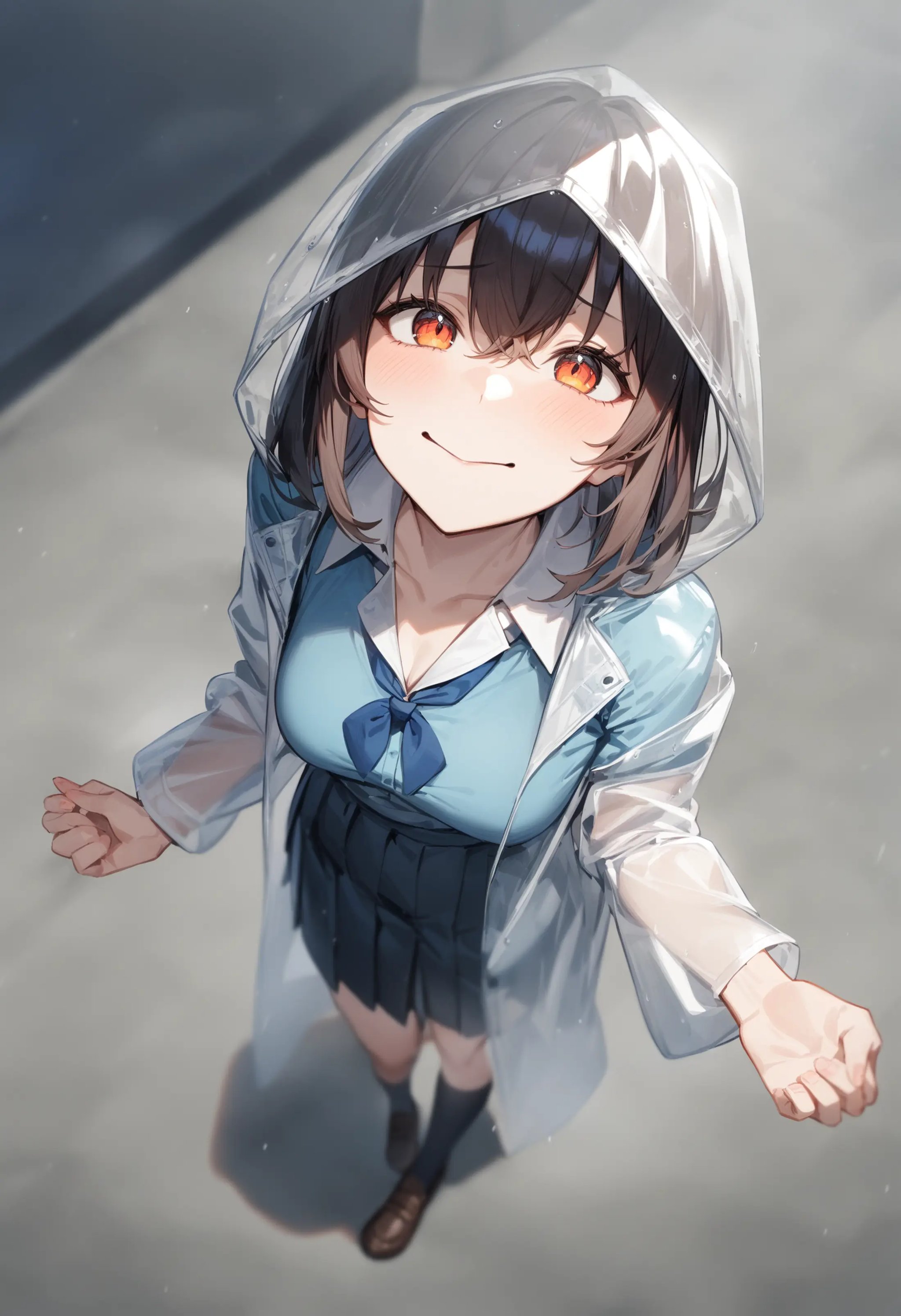 1girl, <lora:sdxl2-flat2-512b:-1>,medium breasts,school uniform,transparent raincoat,<lora:transparentraincoat_XL_v1:0.7>from above, full body, looking up, evil smile, ground, closed mouth,masterpiece, best quality, very aesthetic, absurdres