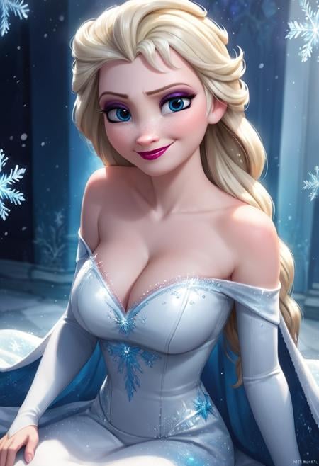 masterpiece,best quality, highly detailed, score_9, score_8_up, score_7_up, score_6_up,source_Anime,<lora:xl_more_art-full_v1:0.8>,BREAK<lora:ElsaXL:0.8>elsa, 1girl, elsa (frozen), solo, blue eyes, blonde hair, long hair, dress, makeup, freckles, smile, lipstick, bare shoulders, snowflakes,  white dress,large breasts, half body,sitting, 