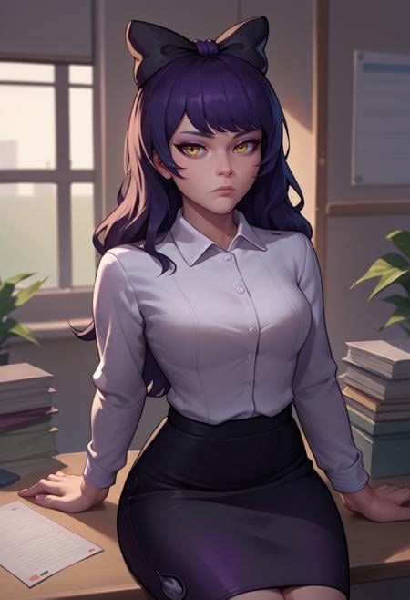 score_9, score_7_up, score_8_up, solo, 1girl, blake belladonna, expressionless, looking at viewer, sitting on desk, hair bow, black bow, office lady, white shirt, collared shirt, long sleeves, black skirt, pencil skirt, indoors, office <lora:rwby_blakebelladonna_ponyXL:1>