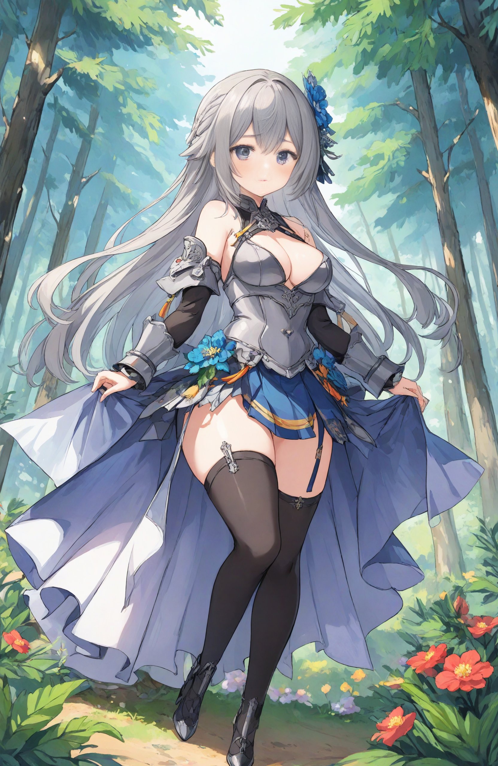 anime artwork medium_breasts,show cleavage,Earrings,(Chinese armor:(gray and metallic:1.3)),Earrings,(Shoulder_armor:1.3),(skirt:1.2),Earrings,(wearing pointy_high-heeled_shoes:1.3),(Stockings strangle legs:1.3), (curvy:1.2),(skinny:1.2), (silvery hair:1.2),(long hair),(black_eyes,Beautiful and delicate eyes),(flower hair clip:1.3),(Floral ornament:1.1), (pine trees:1.4),(Tents in the distance:1.3), (masterpiece:1.2),(solo:1.2),full_shot,fullbody,full_body,intricate detail,ultra-detailed,an extremely delicate and beautiful,best quality,watercolorbg, soft, . anime style, key visual, vibrant, studio anime, highly detailed