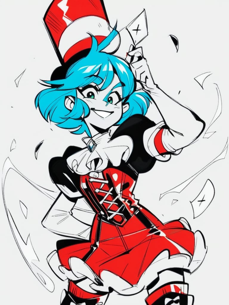 score_9, score_8_up, score_7_up, score_6_up, 1girl, looking at viewer, evil smile, big smile, expressive, open clothes, black top hat, skimpy clothes, short black coat, red corset, green eyes, swirled bangs, blue wavy short hair highlights, blue hair, thigh boots, mini red skirt, front hair swept to the side, green eyebrows, circus clothes, dynamic pose, sexually suggestive, white background, cards in hat, white elbow gloves, cowboy shot, <lora:INKtoonXLP_Style:1> InkToon, monochrome, black eyes, simple white  background, cute, sketch, thin line, cartoon, splash art, concept art