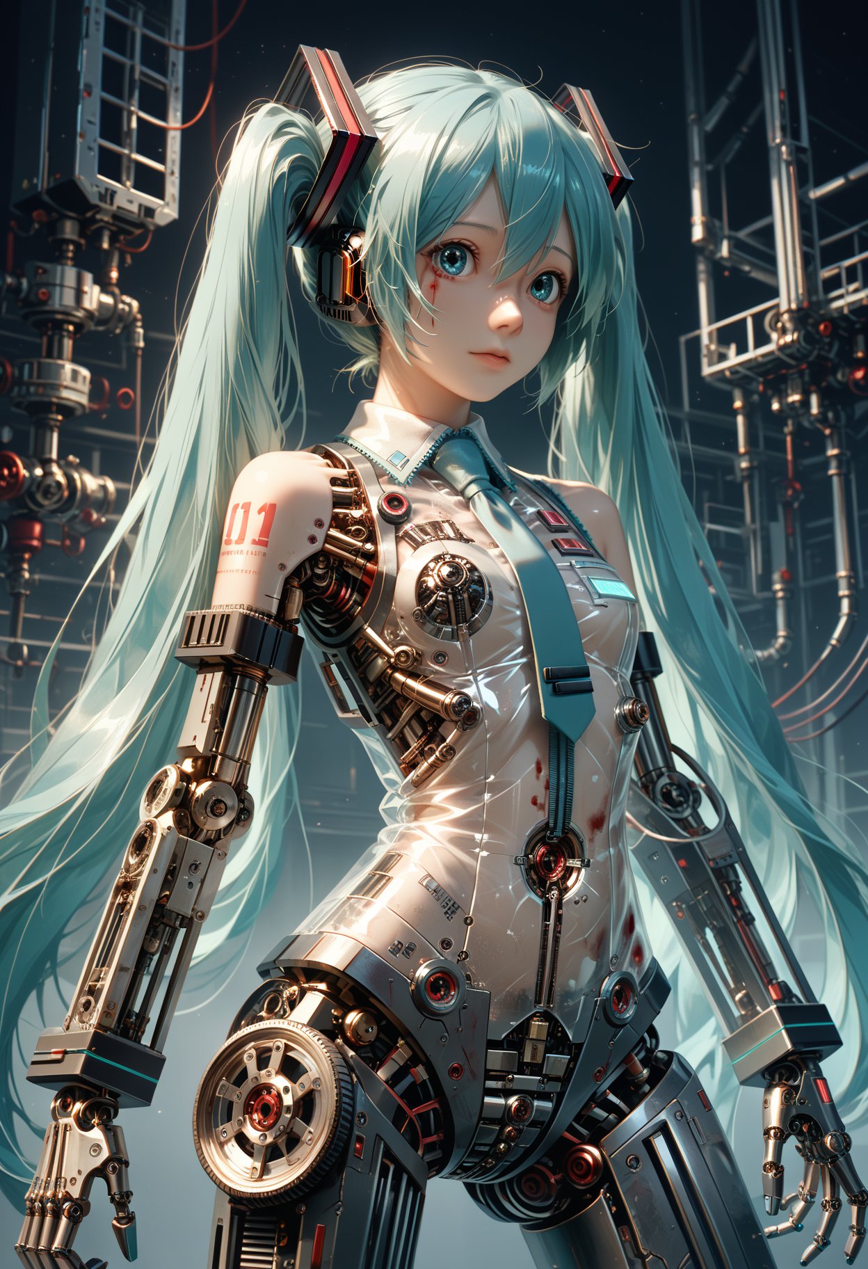 1girl,hatsune miku,semi-mechanical,transparent skin,blood vessel,mechanical structure,complex mechanical structure,taut clothes,mechanical arm,metallic luster,very realistic metallic texture,very perfect metal material,, score_9,score_8_up,score_7_up,beast_quality,masterpiece,