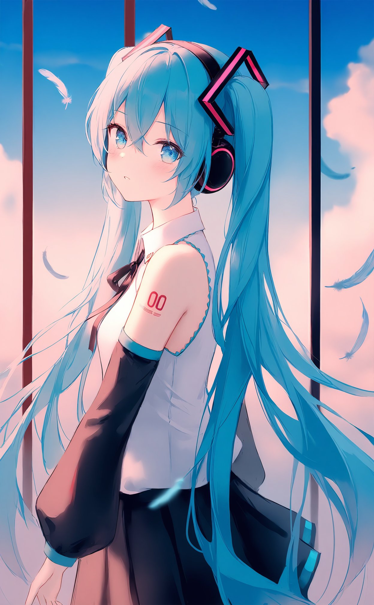 (masterpiece),(best quality),illustration,ultra detailed,hdr,Depth of field,(colorful),loli,[Artist wlop],[Artist chen bin],Artist hiten_(hitenkei),Artist maccha \(mochancc\),1girl,solo,hatsune miku,long hair,twintails,shirt,looking at viewer,detached sleeves,very long hair,sleeveless,ribbon,parted lips,sky,blue eyes,white shirt,neck ribbon,feathers,tattoo,sleeveless shirt,hair between eyes,bare shoulders,aqua hair,cloud,headphones,blue sky,collared shirt,blue hair,skirt,black sleeves,window,upper body,from side,aqua eyes,hair ornament,black skirt,