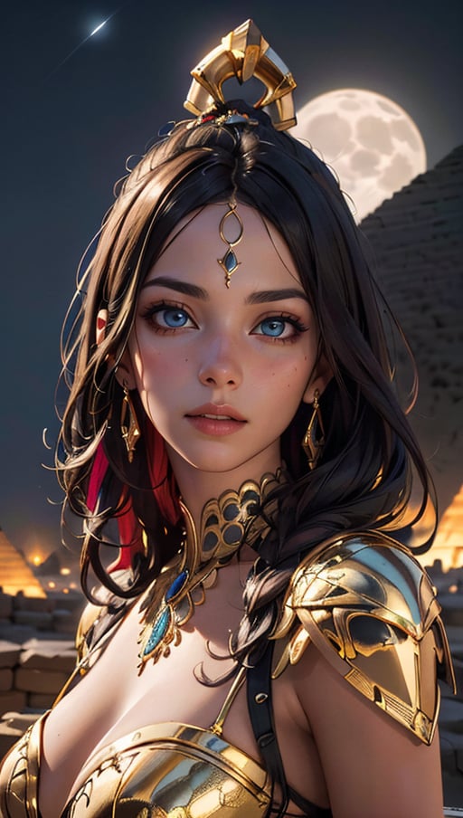 (best quality, masterpiece, colorful, dynamic angle, highest detailed) Realistic photo, fashion photography of a egyptian goddess, gold ornaments, gold reflection, flirting with POV, ultra detailed textures, perfect night, Egypt, pyramids, (intricate details, hyperdetailed:1.15), detailed, moonlight passing through hair, (official art, extreme detailed, highest detailed), HDR+