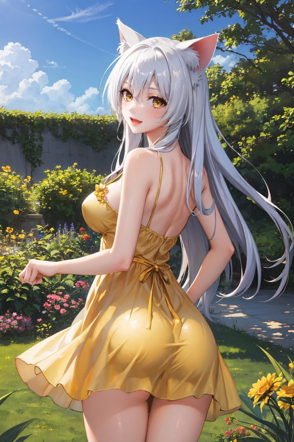 masterpiece, best quality, <lora:blkhanekawa-nvwls-v1-000009:0.9> blkhanekawa, very long hair, cat ears, slit pupils, large breasts, from behind, (yellow sundress), garden, :D, fangs, paw pose