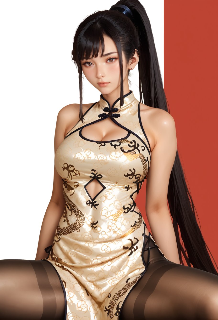 score_9,score_8_up,score_7_up,8k,hd,blush,red background,1girl,solo,cowboy shot,black hair,high ponytail,very long hair,spread legs,,ruanyi0608,bare shoulders,black pantyhose,china dress,cleavage cutout,side slit,<lora:0608 Stellar Blade (national color peony)_v1_pony:1>