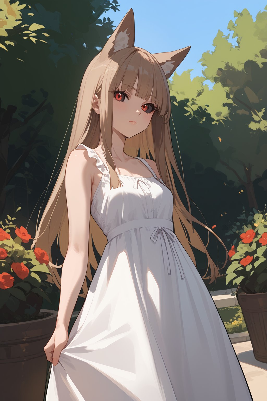 score_9, score_8_up, score_7_up, 1girl, light-brown hair, long hair, blunt bangs, wolf ears, red eyes, black sclera, small breast, sundress, outdoors, garden