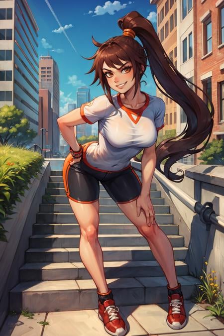 masterpiece, best quality, dnfstriker, ponytail, white t-shirt, black shorts, orange shoes, standing, city, stairs, looking at viewer, smirk, leaning forward <lora:striker-nvwls-v2-000010:0.7>