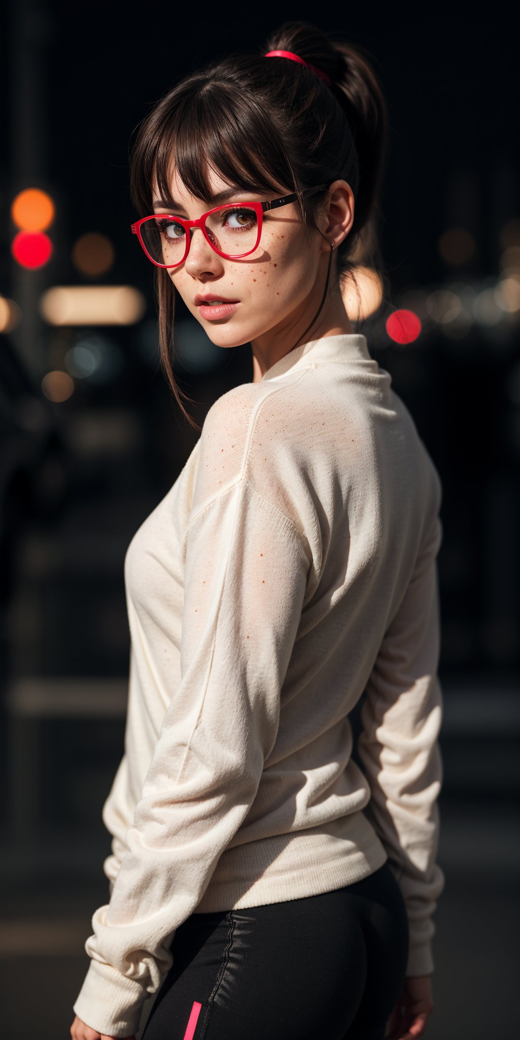 woman,wearing glasses,lights bokeh background,multi-color hair ponytail,swept bangs,white sweater,red undershirt,black yoga pants,elegant,beautiful,freckles,realistic,heterochromia,beautiful red eyes,up close,dark shadows,night background,neon hearts lights dark,chiaroscuro,low-key,