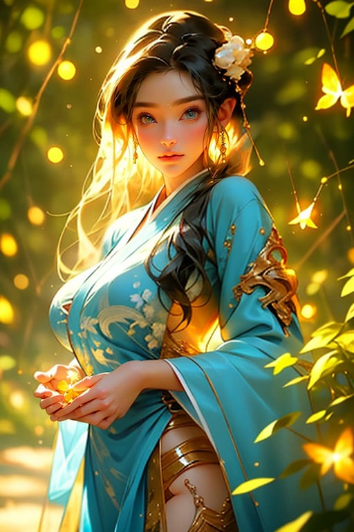 busty, sexy, beautiful WOMAN, 8k, charming body, good hand, good fingers, smooth coloring, sharp color, highly detailed and clean, Exquisite, Clear outline, masterpiece, ultra-realistic, best quality, high resolution, high definition, sumptuous SEXY HANFU,  dark sphere,Many glowing fireflies fly around <lora:lora:1>, blue tone