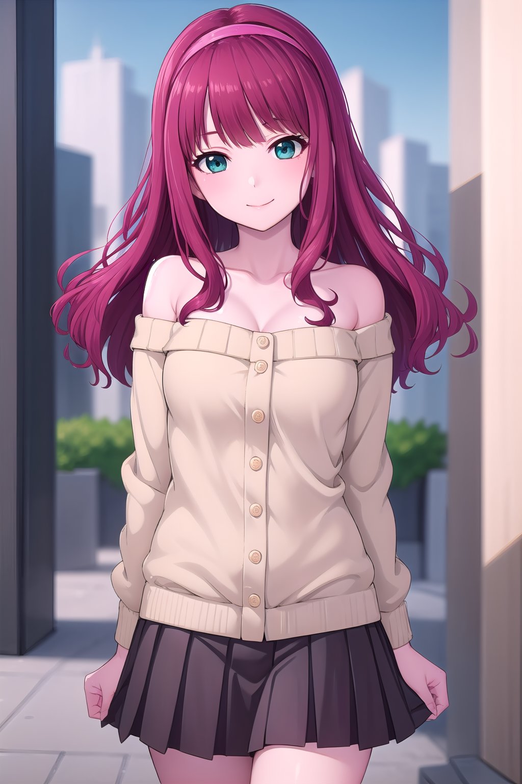 (masterpiece, best quality), highly detailed background, perfect lightingbest quality, ryoohaena, solo, outdoors, city, nature, building, red hair, pink hairband, blunt bangs, wavy hair, long hair, aqua eyes, medium breasts, brown sweater, off-shoulder sweater, buttons, bare shoulders, off shoulder, long sleeves, brown skirt, pleated skirt, smile, closed mouth, :), <lora:Ryoo-Haena:0.7>