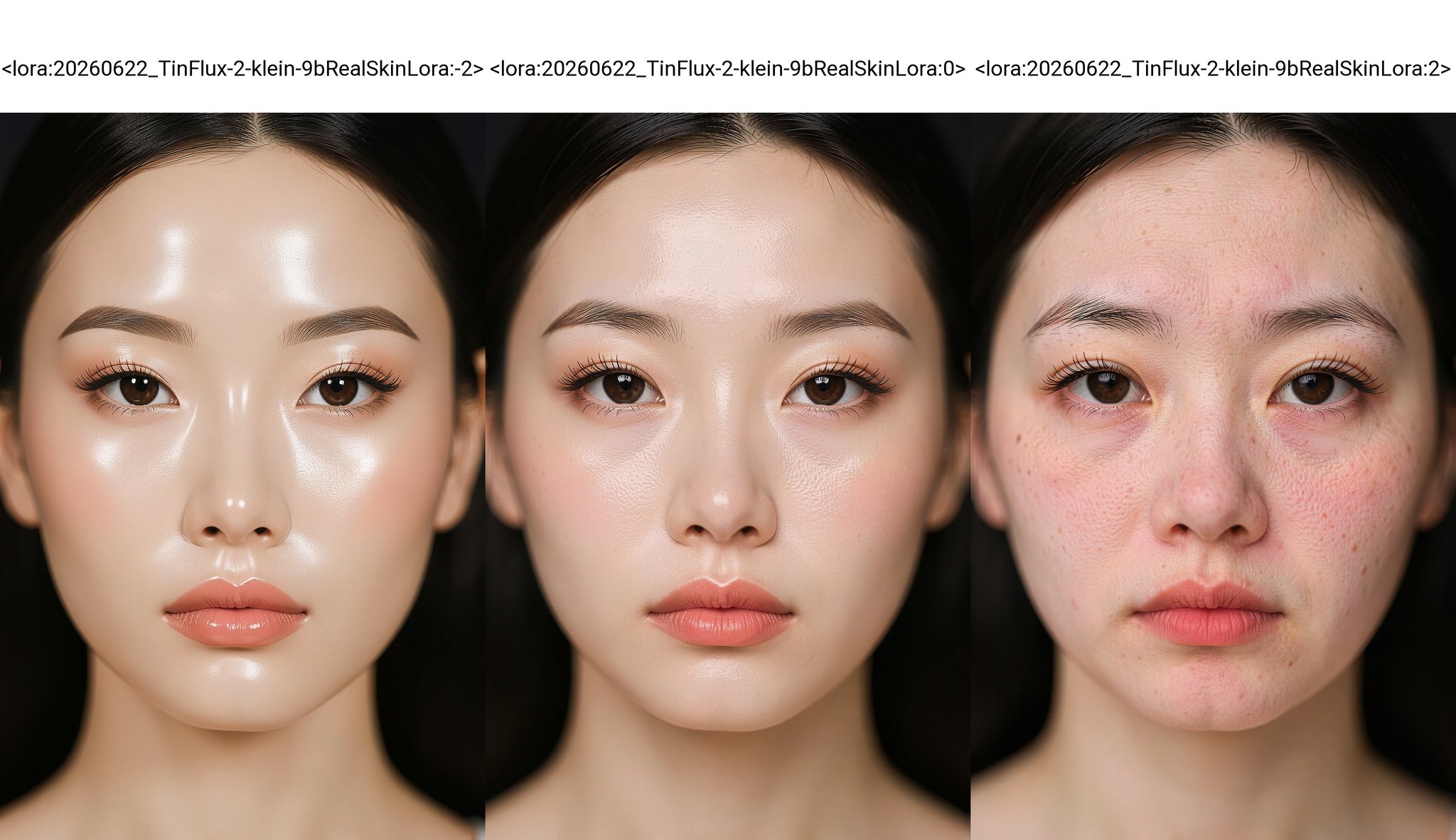 A close-up,  studio portrait of a young East Asian woman's face,  filling the frame. She has fair skin with a subtle glow...