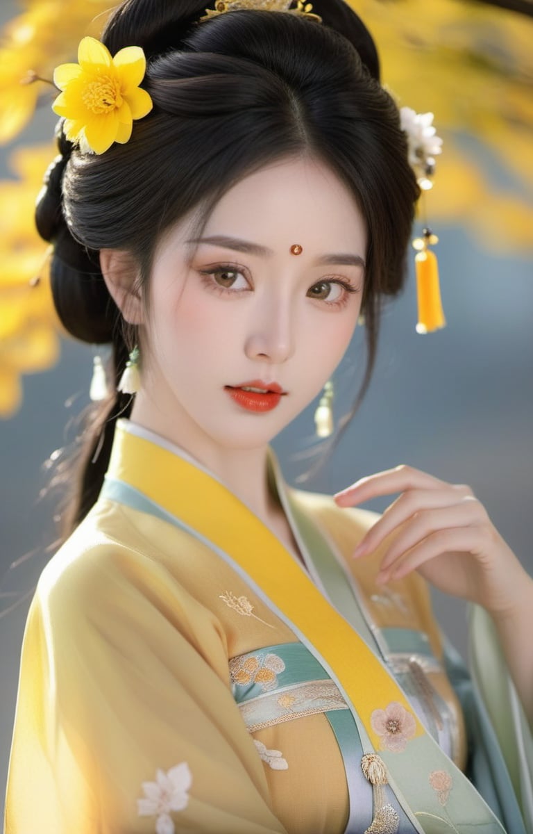 <lora:zxx-hanfu01-000024:0.7>，a woman dressed in a traditional Hanfu, She has a dark updo hairstyle adorned with a yellow flower accessory and a tassel, Her makeup is subtle, with emphasis on her eyes and lips, She wears a light-colored Hanfu with intricate embroidery and patterns, The fabric appears to be of high quality, with a sheen that suggests it might be silk or a similar material, 