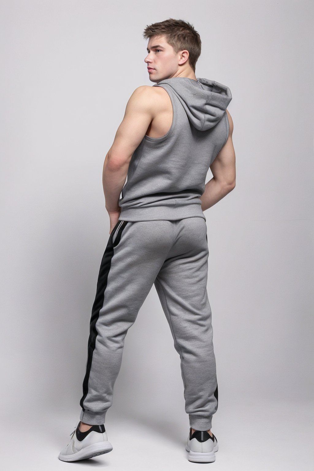 looking back,  male jamieperson,  wearing grey sleeveless hoodie and track pants and sneakers by razputin on Tensor.Art