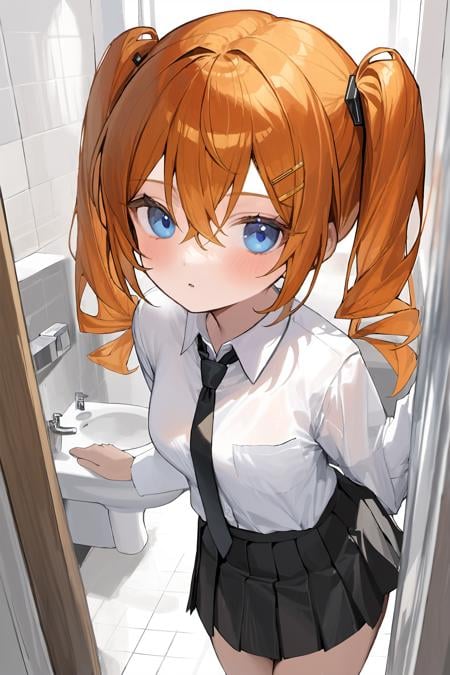 masterpiece, flat color, 1girl, black necktie, black skirt, blue eyes, collared shirt, hair between eyes, hairclip, miniskirt, orange hair, pleated skirt, school uniform, sidelocks, solo, twintails, white shirt, bathroom