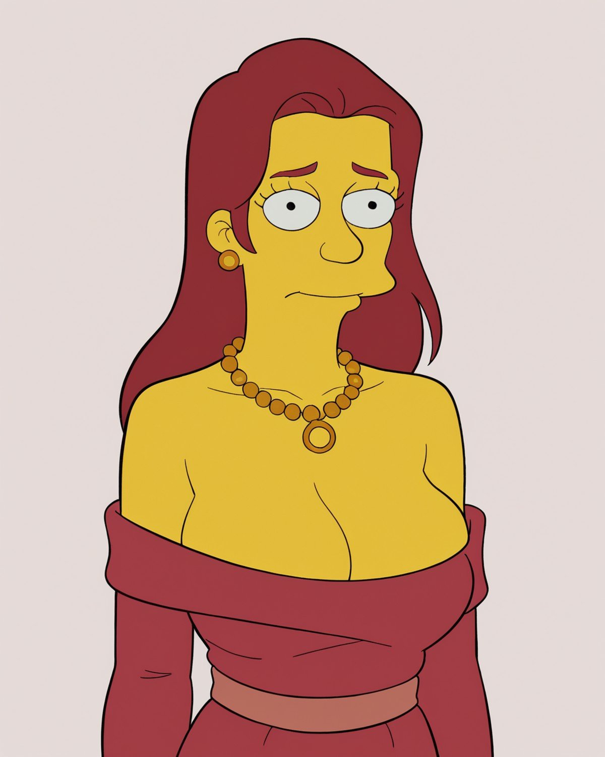 score_9, score_8_up, score_7_up, zPDXL,  four fingers, circle eyes, overbite, dot pupil, source_cartoon, theSimpsonsstyle,  yellow skin, closed mouth, solo, red hair, straight hair,long hair, 1girl, big breast, red dress, gold necklace<lora:The_Simpsons_style:1>