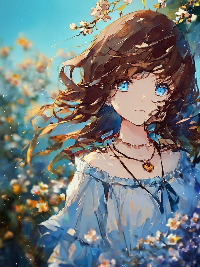 shuic01,1girl,solo,flower,brown hair,blurry background,looking at viewer,outdoors,necklace,blue sky,dress,portrait,upper body,long hair,<lora:SHUICAI01:0.8>,