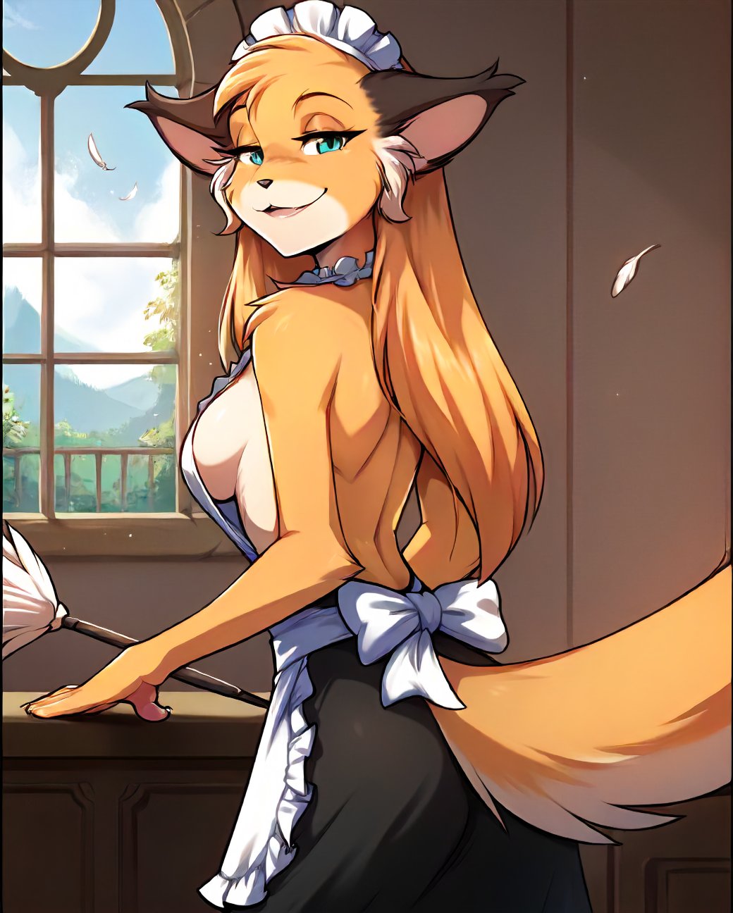 score_9, score_8_up, score_7_up, score_6_up, score_5_up, score_4_up, rating_explicit, source_furry, female, cute anthro female, cute face, maid, maid apron, palace, detailed background, (bare shoulders:1.2), looking at viewer, side view, (half-closed eyes:1.1), lewd expression, (raised tail:1.2), attractive pose, solo, solo focus, from behind, looking back, (long hair:1.3), (feather duster:1.1), (backless outfit, sideboob, :1.3), naughty face, smile, medium breasts, <lora:Mike_TwoKinds_PDXL_epoch_5:1>, tkmike, keidran, mammal, teal eyes