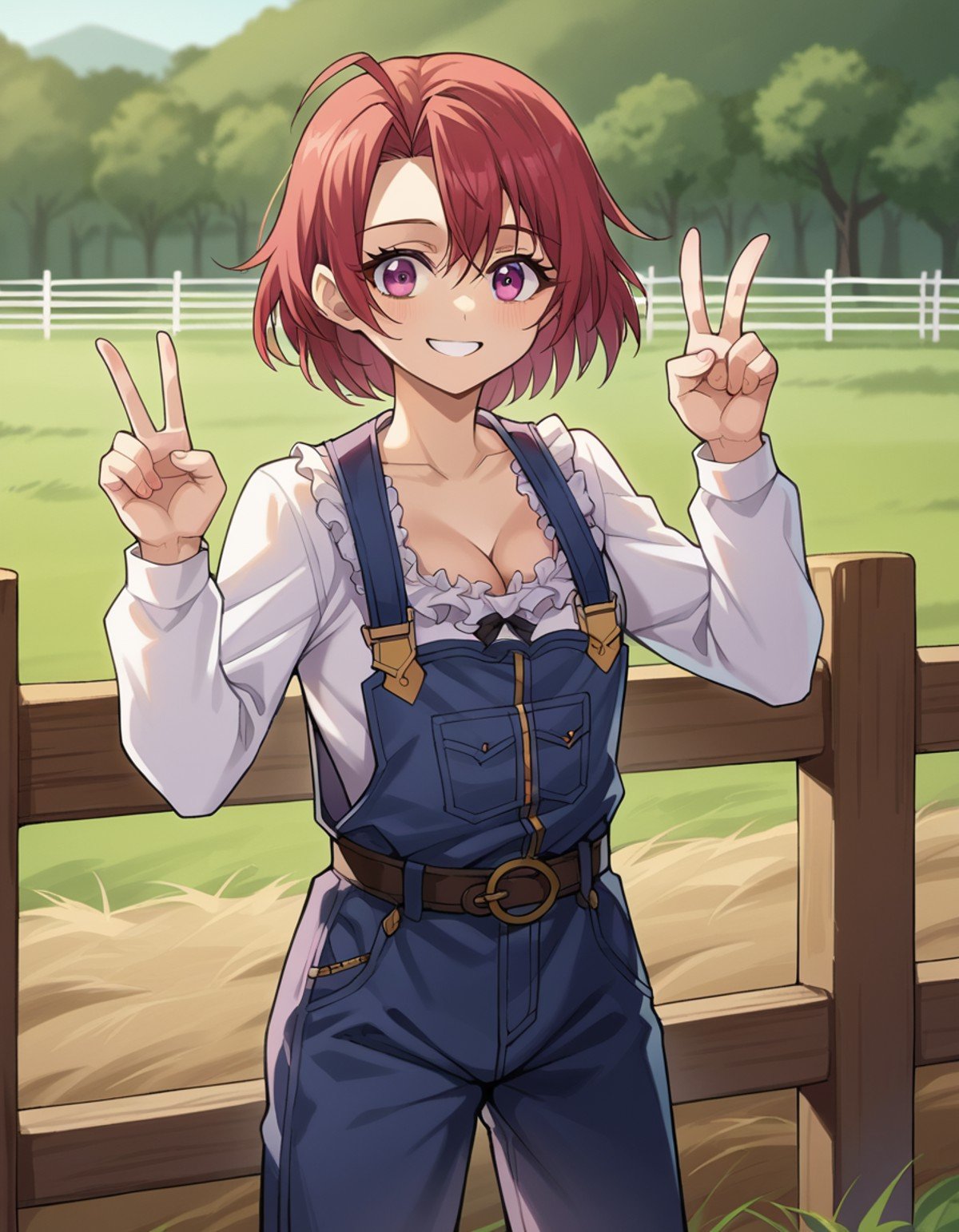 score_9, score_8_up, score_7_up, source_anime,cowgirl, <lora:cow-girl-ponyxl-lora-nochekaiser:1>,cow girl, ahoge, red hair, purple eyes, short hair, smile,cleavage, collarbone, frills, long sleeves, overalls, suspenders,outdoors, farm, cows, chickens, goats, horse, peace sign,looking at viewer, cowboy shot, dynamic pose,