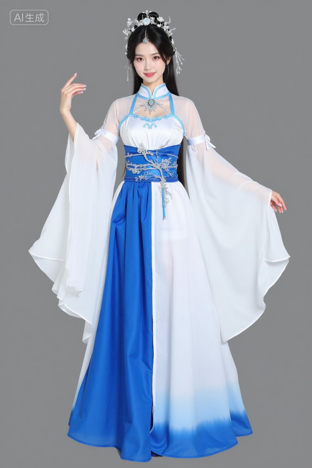 Li_Muwan_outfit white blue hanfu cosplay costume translucent chiffon fabric flared ruffled sleeves highwaisted layered ski...