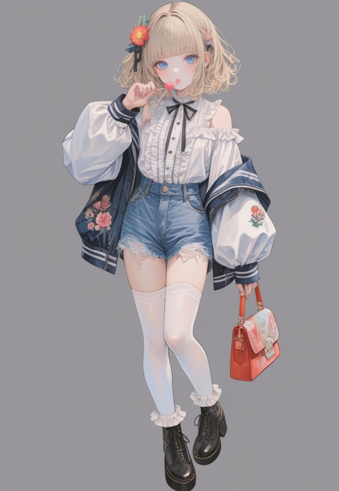 (best quality), ((masterpiece)), (highres), illustration, original, extremely detailed,  <lora:幻想华服萝莉:0.6>1girl, solo, holding, food, lollipop, candy, white background, jacket, holding candy, bag, holding food, shorts, shirt, simple background, hair ornament, blonde hair, bangs, long sleeves, black footwear, thighhighs, white shirt, flower, full body, holding bag, frills, looking at viewer, holding lollipop, blue eyes, puffy sleeves, hair flower, ribbon, blunt bangs, standing, shirt tucked in, medium hair, white thighhighs, black ribbon, denim, center frills, handbag, off shoulder, puffy long sleeves