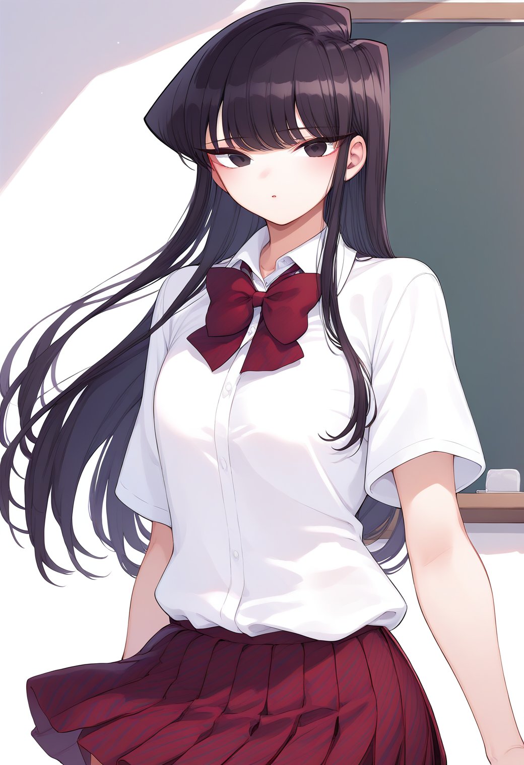 1girl, upper body, (classroom:1.4), chalkboard, komi_shouko, black eyes, black hair, long hair, school uniform, red bowtie, white shirt, collared shirt, short sleeves, striped, pleated skirt, red skirt, <lora:komi_shouko_pony_ver1:0.7>, score_9, score_8_up, score_7_up, BREAK source_anime, rating_explicit, best quality, masterpiece, uncensored, solo,