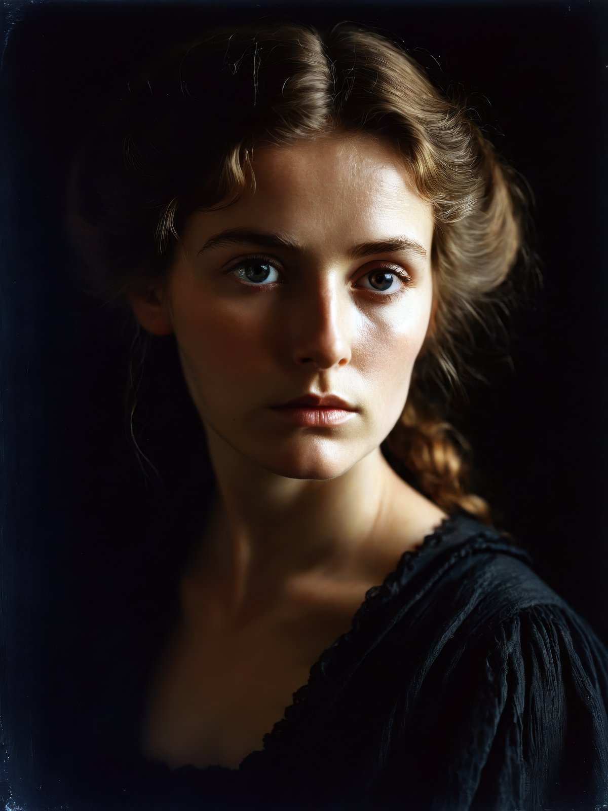 (Soft Lighting Photography by Mimoza Veliu and Mario Giacomelli:1.2), feverish pretty irish peasant woman in the 19th century, side soft light, dark environment, black over black, highly detailed