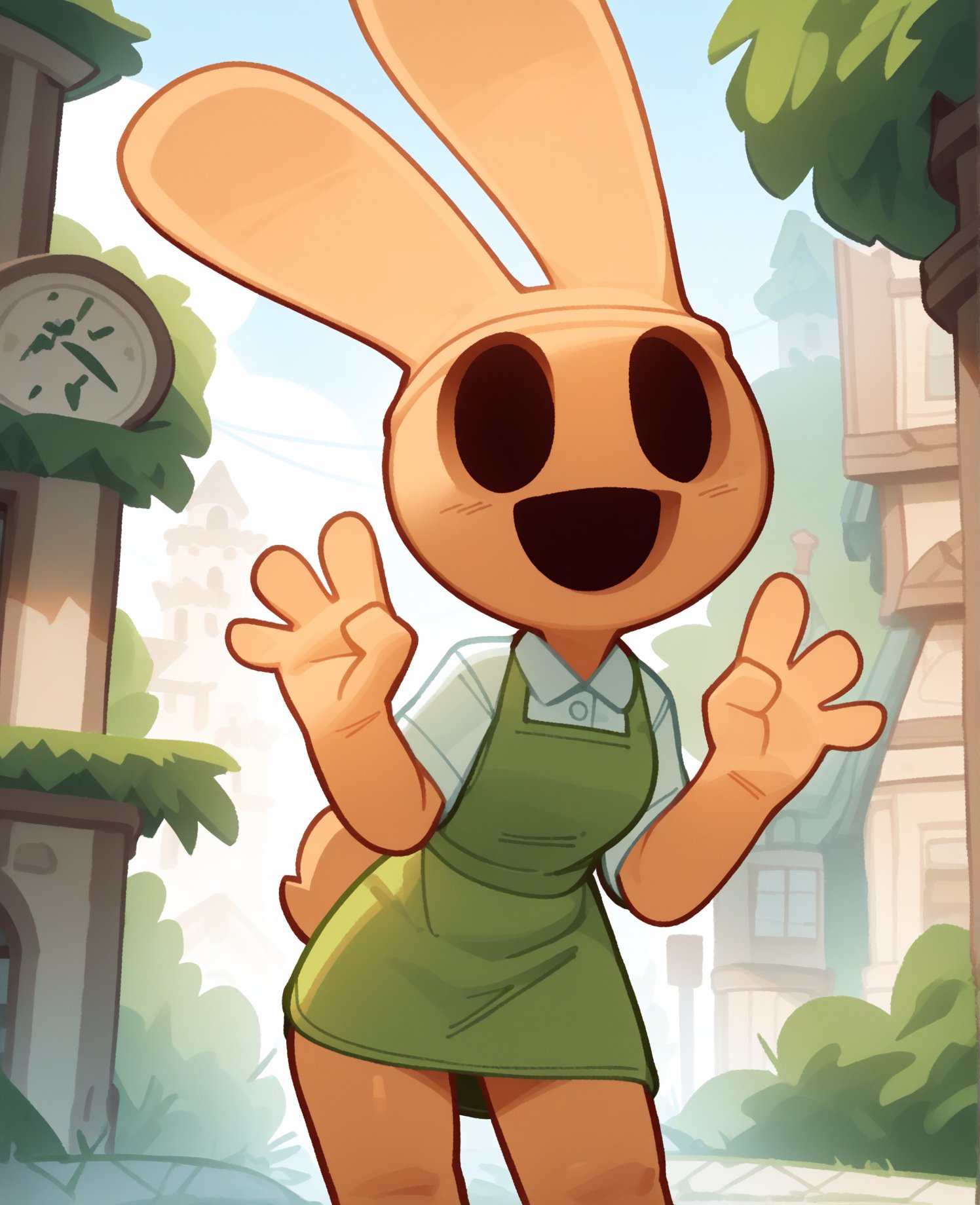 score_9, score_8_up, score_7_up, score_6_up, score_5_up, score_4_up, source_furry, gjem, fwf, coco \(animal crossing\), animate inanimate, gyroid, lagomorph, leporid, mammal, rabbit, anthro, biped, clothed, clothing, empty eyes, female, noseless, open mouth, green clothing, white shirt, dress, solo, standing, topwear, (detailed background:1.1), looking at viewer, (simple eyes, simple face:1.2), (observation tower:1.2), happy, smile, (;3:1.2), smile, happy, excited<lora:coco_pdxl:1>