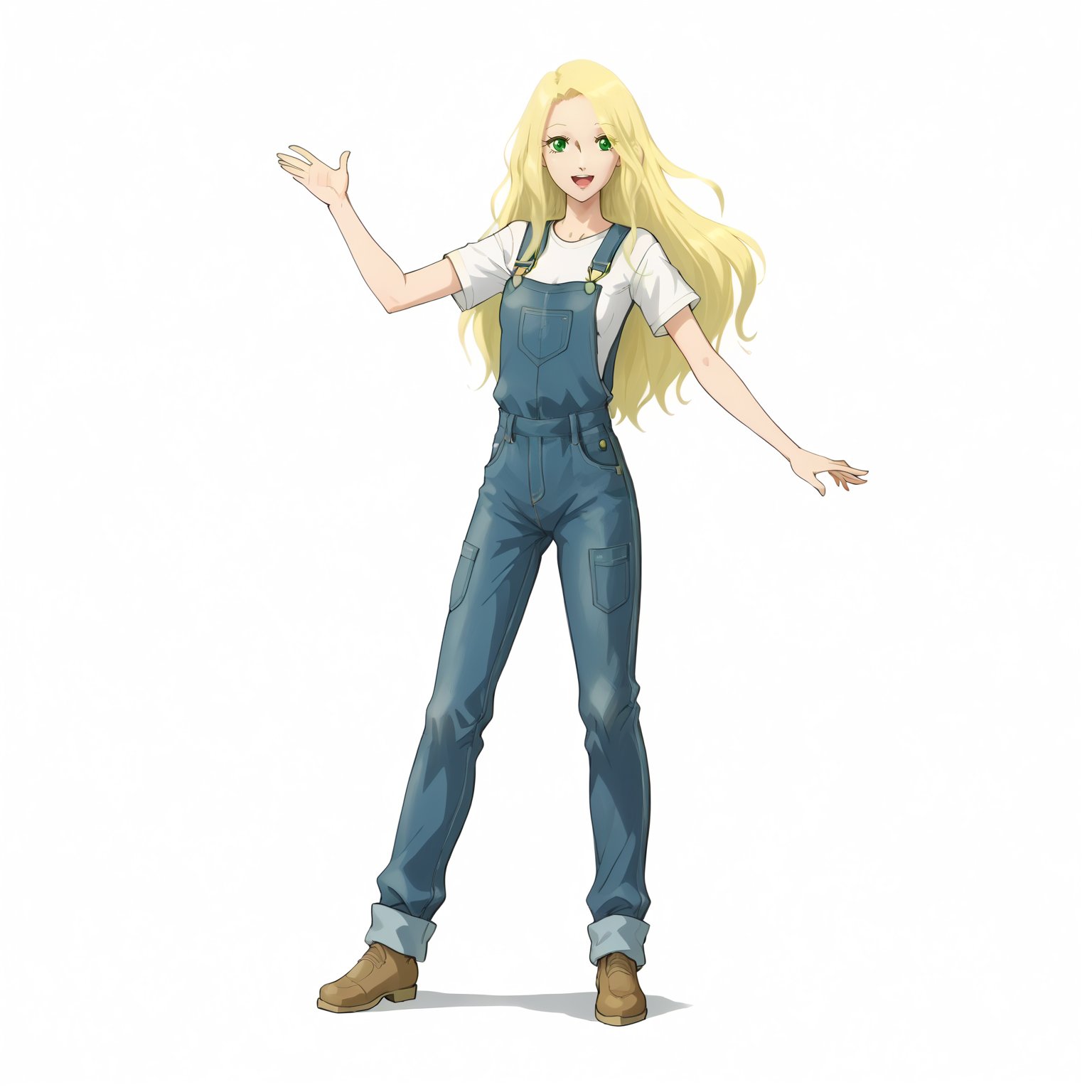 <lora:FatimaPasitheaXLpony002>,smile,open mouth,solo,FatimaPasithea,1girl,blonde hair,long hair,green eyes,full body,standing,overalls,