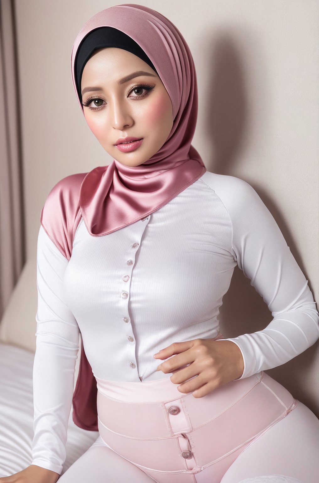 hijabhorney, passion, 1girl, passionate expression, top 3/4 photo, passionate pose, professional photography portrait of 35 year old woman lying on a super luxurious bed, ((Indonesian hijab woman)), very realistic facial skin, cinematic lighting, Very authentic satin detail, (eyes closed)((pink long-sleeved button-up top, covering the body, and White Patterned Leggings)), ((bare thighs, bulging crotch, Big Thighs, wide shoulders, slim waist,)), (big hips: 1.3), white t-shirt tight, looks in front of the camera, (work :1.0), (best quality: 1.0), beautiful, (intricate details), unity 8k wallpaper, very detailed and really brightens the room realistically, SkinDetail <lora :hijabhorney_v1:0.7>